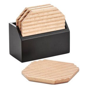 Hotel Collection Set of 4 Fluted Beach Wood Coasters and Holder,  NIB